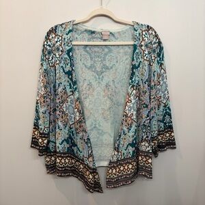 Chico's Cardigan Sweater Size 3 Blue Tan Open Front 3/4 Sleeve Cotton Rayon